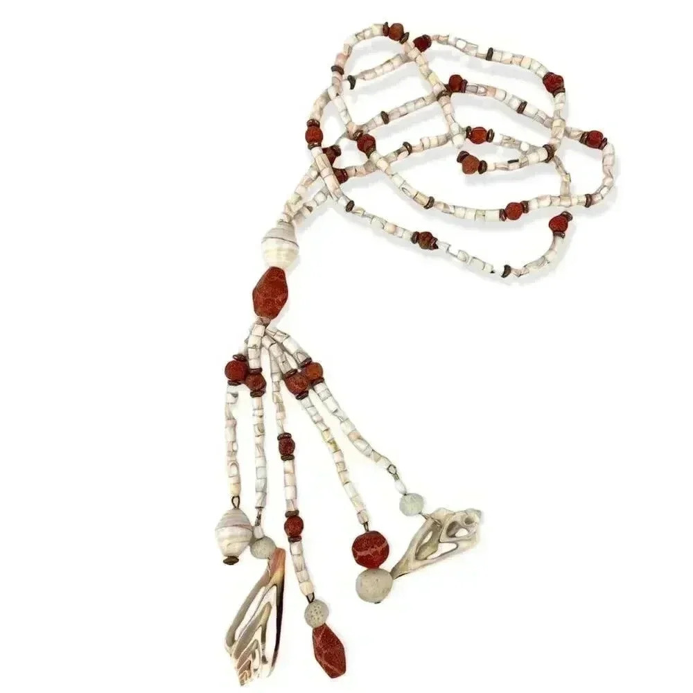 Natural Stone Seashell Beaded Necklace with Dangle Accent Long Wired Boho Style